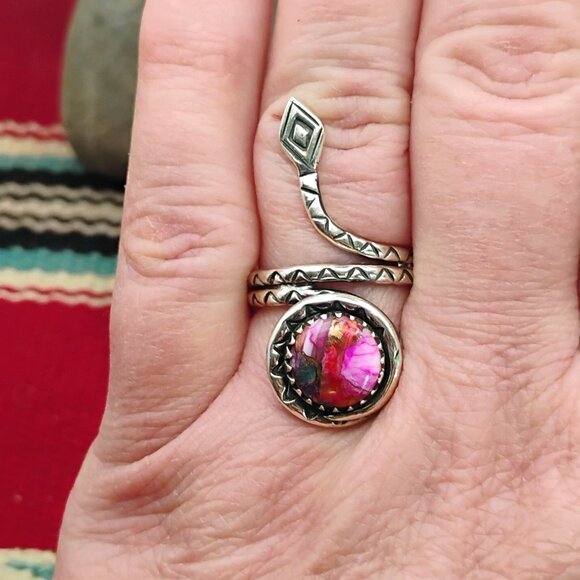 Coiled Rattlesnake Snake Ring Pink Dahlia Spiny Oyster Copper Turquoise Size 8 - Picture 1 of 6
